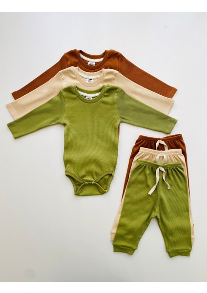 3'lü %100 Pamuklu Uzun Kol Bebek Body Pantolon Takım