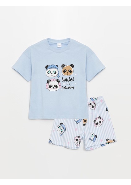 Lcw Kids Bisiklet Yaka Baskılı Kısa Kollu Kız Çocuk Şortlu Pijama Takımı