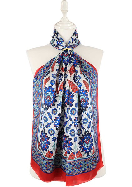 Kırmızı Çini Lale Desen Dar Ipek Fular