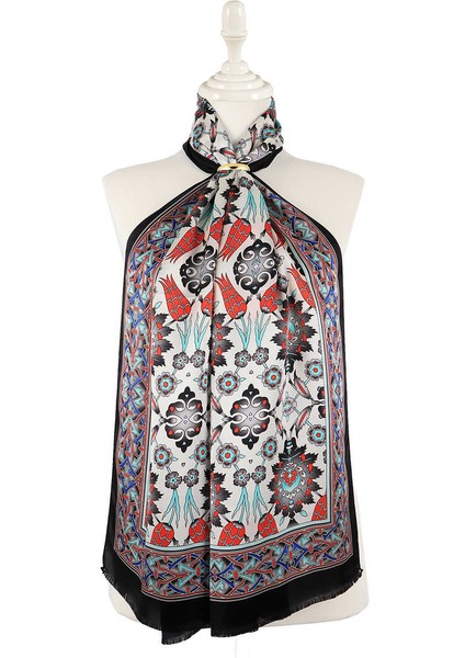 Gri Çini Lale Desen Dar Ipek Fular