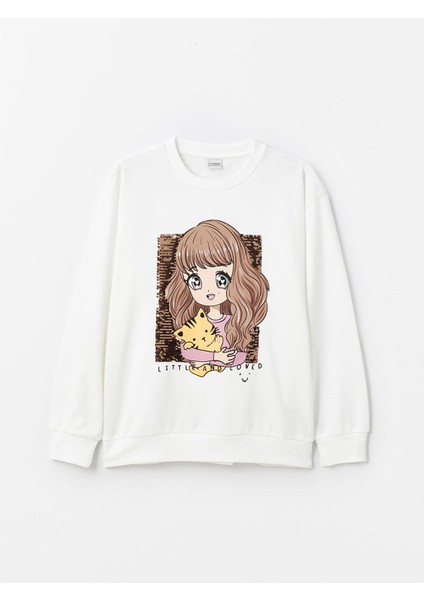 Lcw Kids Bisiklet Yaka Baskılı Çift Yönlü Payetli Uzun Kollu Kız Çocuk Sweatshirt