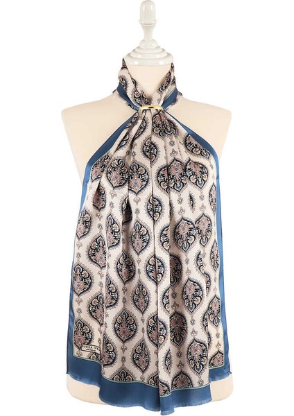 Indigo Hatai Desen Dar Ipek Fular