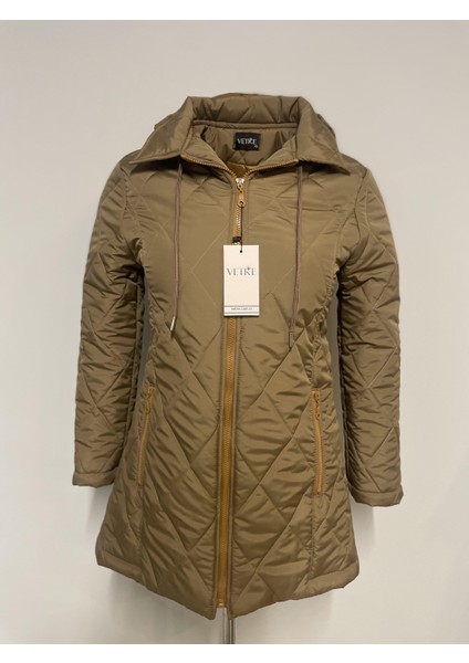 Kapüşonlu Vizon Baklava Desen Mont