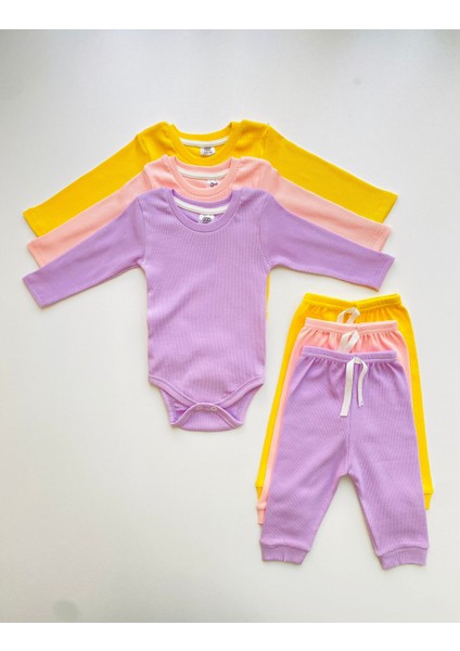 3'lü %100 Pamuklu Uzun Kol Bebek Body Pantolon Takım Düz Desenli Kız Çocuk İçin
