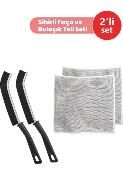 Çok Amaçlı Lavabo Detay Temizleme Fırçası ve Çizilmez Tel Bulaşık Bezi 2'li Set