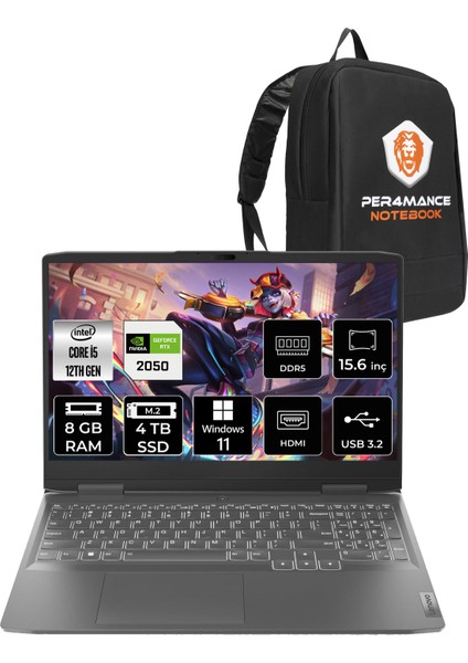 Loq Intel Core I5 12450H 8gb 4tb SSD RTX2050/4GB 15.6" Fhd 144Hz W11P Taşınabilir Bilgisayar & Per4 Çanta 82XV010FTRP345