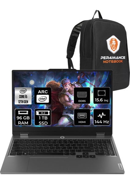 Loq Intel Core I5 12450HX 96GB 2tb SSD A530M/4GB 15.6" Fhd 144Hz Fdos Taşınabilir Bilgisayar & Per4 Çanta 83FQ000UTRP339