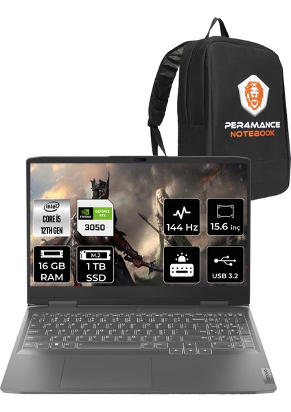 Loq Intel Core I5 12450H 16GB 1tb SSD RTX3050/6GB 15.6" Fhd 144Hz Fdos Taşınabilir Bilgisayar & Per4 Çanta 82XV00WYTXP308