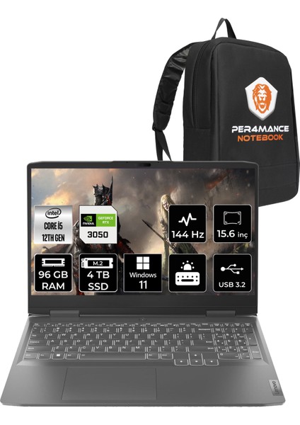 Loq Intel Core I5 12450H 96GB 4tb SSD RTX3050/6GB 15.6" Fhd 144Hz W11H Taşınabilir Bilgisayar & Per4 Çanta 82XV00WYTXP380
