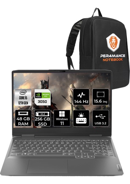 Loq Intel Core I5 12450H 48GB 256GB SSD RTX3050/6GB 15.6" Fhd 144Hz W11H Taşınabilir Bilgisayar & Per4 Çanta 82XV00WYTXP366