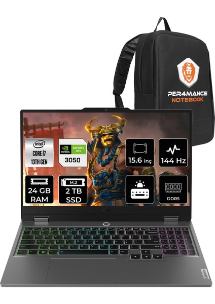 Loq Intel Core I7 13650HX 24GB 2tb SSD RTX3050/6GB 15.6" Fhd 144Hz Fdos Taşınabilir Bilgisayar & Per4 Çanta 83DV00G5TRP314