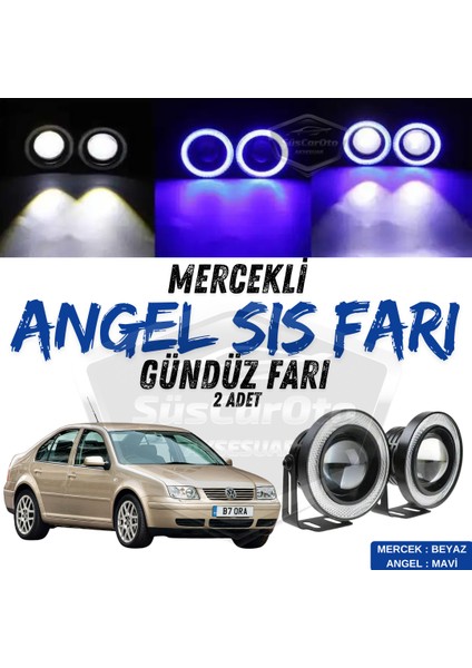 ŞüsCarOto Aksesuar Vw Bora 1998-2006 Uyumlu Üniversal Mercekli Angel Sis Farı Metal Su Geçirmez 76 mm Mavi Halkalı Gündüz Farı Angel Eyes 2 Adet