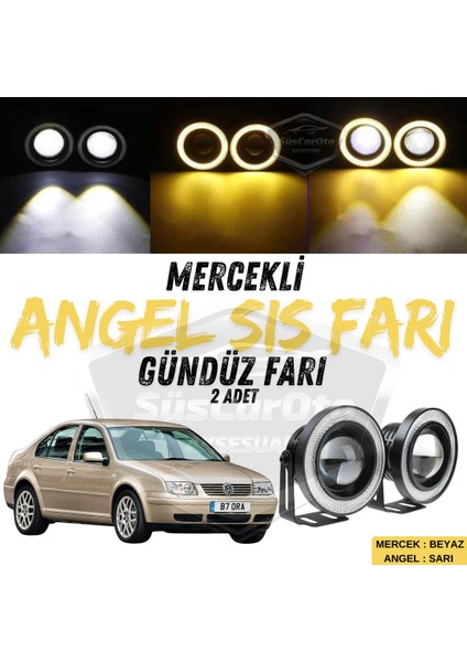 Vw Bora 1998-2006 Uyumlu Üniversal Mercekli Angel Sis Farı Metal Su Geçirmez 76 mm Sarı Halkalı Gündüz Farı Angel Eyes 2 Adet