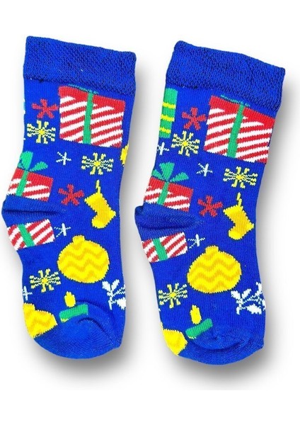 Tekli Mavi Renkli Esnek Nem Alabilen Pamuklu Noel Desenli 1-2 Yaş Erkek Çocuk Soket Çorap