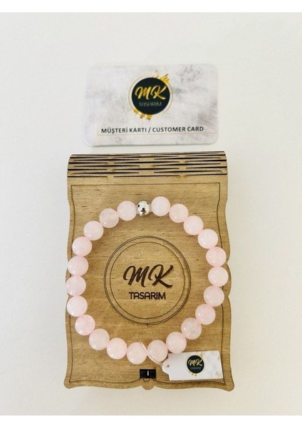 Gerçek Pembe Kuvars Taşı Bileklik | Mktasarım Özel Kutusunda | Mktasarım Özel Müşteri Kartlı