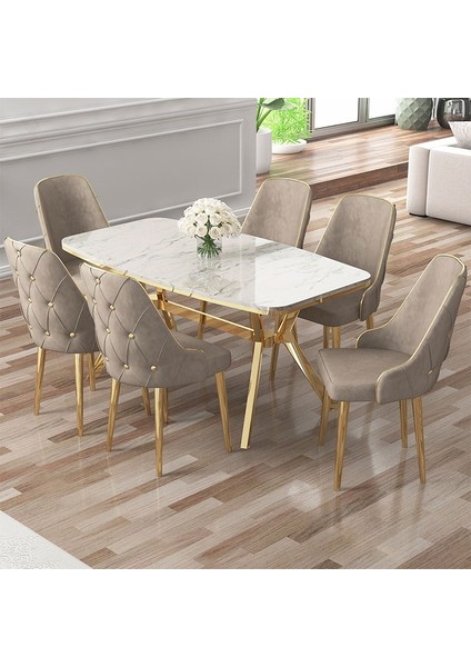 Asel Serisi 90 x 160 cm Lak Panel Beyaz Mermer Desen Gold Kaplama Ayaklı Masa Takımı Ve 6 Sandalye