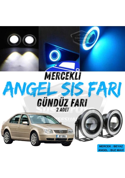 Vw Bora 1998-2006 Uyumlu Üniversal Mercekli Angel Sis Farı Metal Su Geçirmez 76 mm Buz Mavi Halkalı Gündüz Farı Angel Eyes 2 Adet