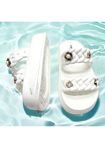 Çift Örgü Bantlı Rahat Taban Sticker Taşlı Deniz,plaj,havuz,dışarı,ev Terliği fiyatları