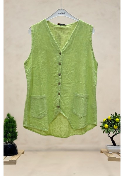 V Yaka Düğmeli Keten Yelek
