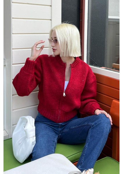 Kırmızı Fermuarlı Uzun Kollu Triko Hırka MG2061