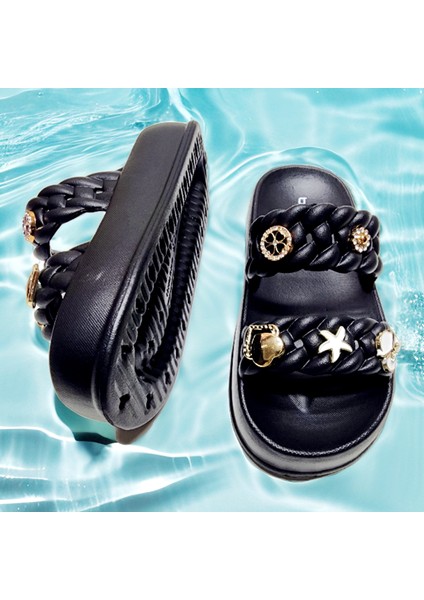 Çift Örgü Bantlı Rahat Taban Sticker Taşlı Deniz,plaj,havuz,dışarı,ev Terliği fırsatları