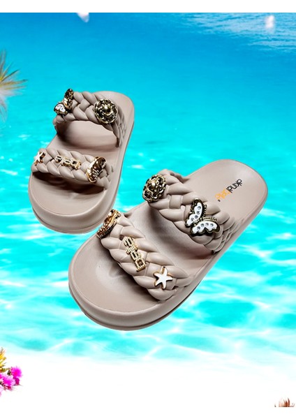 Çift Örgü Bantlı Rahat Taban Sticker Taşlı Deniz,plaj,havuz,dışarı,ev Terliği indirimleri