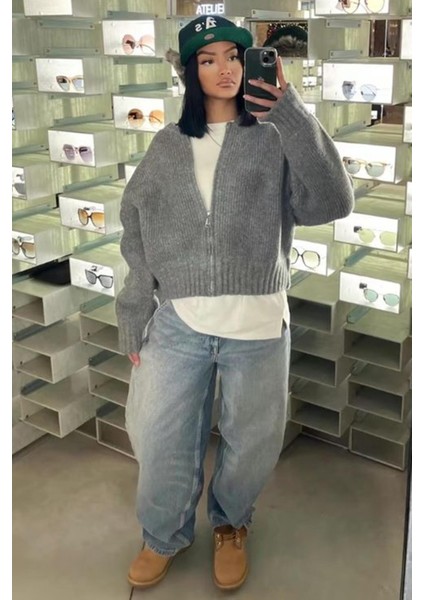 Gri Fermuarlı Uzun Kollu Triko Hırka MG2061