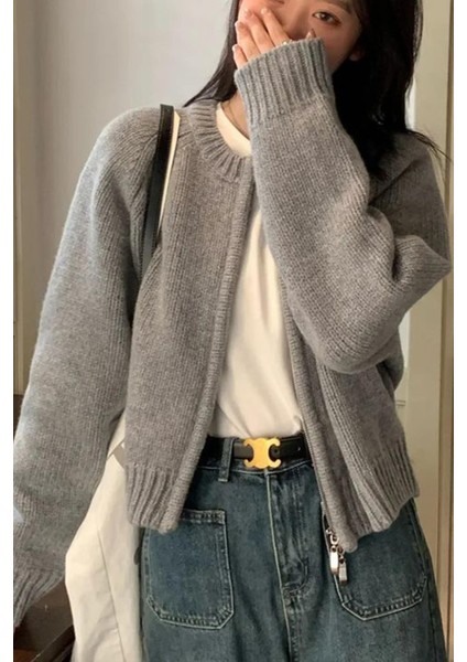 Gri Fermuarlı Uzun Kollu Triko Hırka MG2061 fiyatları