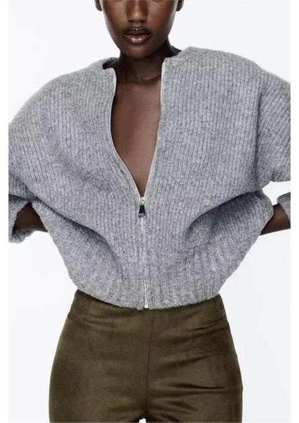 Gri Fermuarlı Uzun Kollu Triko Hırka MG2061 fırsatları