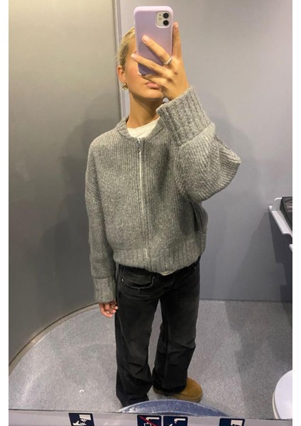 Gri Fermuarlı Uzun Kollu Triko Hırka MG2061 indirimleri