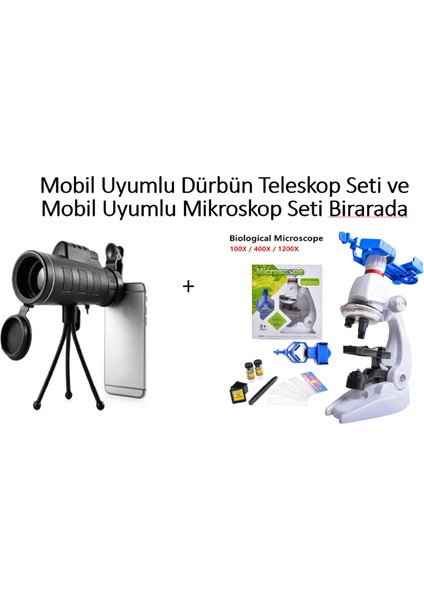 Mobil Uyumlu Dürbün Teleskop+Mobil Uyumlu Işıklı Mikroskop Seti 2 Telefon Tutucu Dahil
