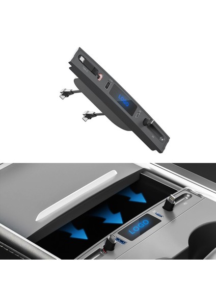 Tesla Model Y / Model 3 Orta Konsol USB Girişi Teleskopik Hızlı Şarj Type C ve Iphone Pd Uyumlu 4' Lü Kablo Merkezi, Siyah