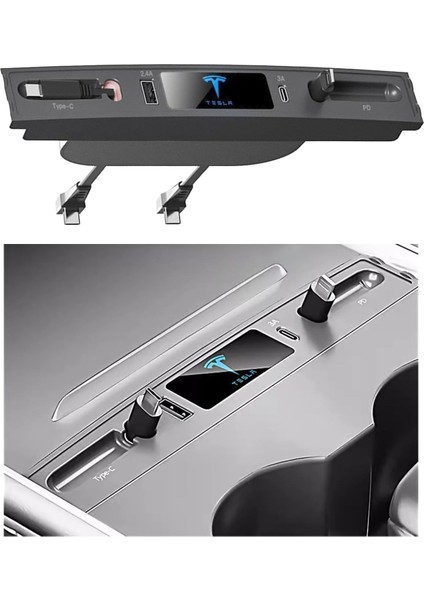 Tesla Model Y / Model 3 Orta Konsol USB Girişi Teleskopik Hızlı Şarj Type C ve Iphone Pd Uyumlu 4' Lü Kablo Merkezi, Siyah fırsatları