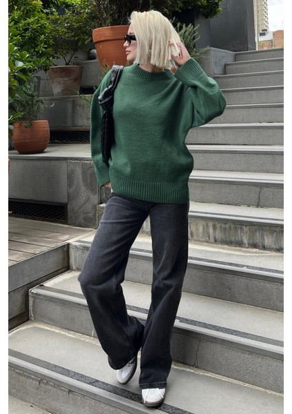 Yeşil Bisiklet Yaka Oversize Triko Kazak MG1972