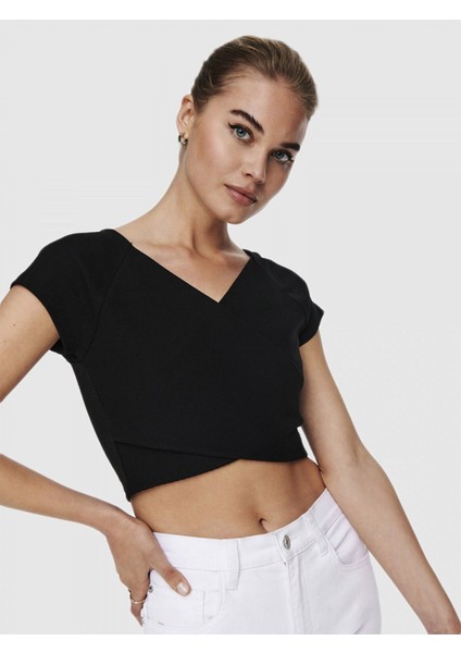 Kadın Siyah Short Top Çapraz Crop - 15230889