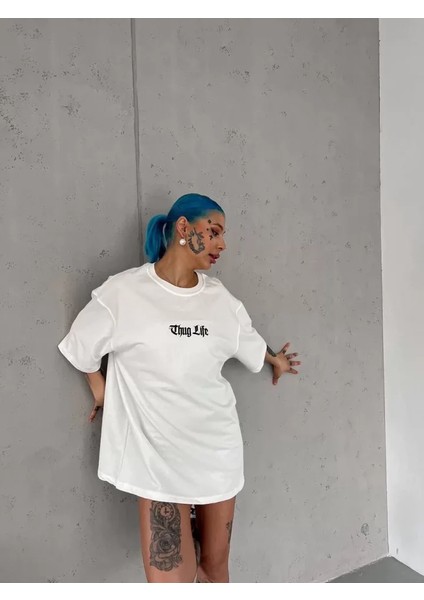 Bisiklet Yaka Baskılı Oversize T-Shirt - Beyaz