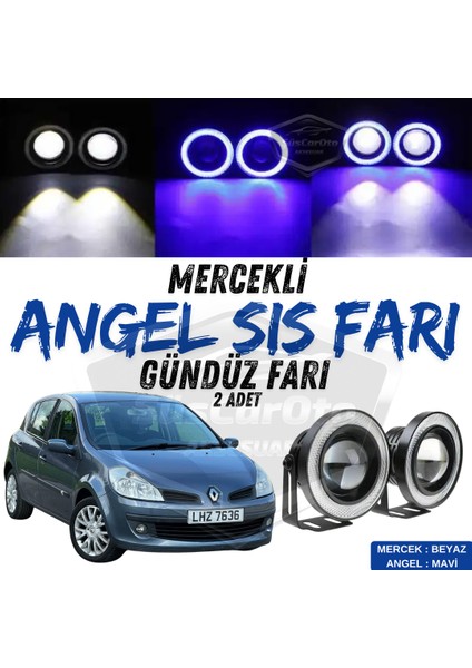 Renault Clio 3 2005-2013 Uyumlu Üniversal Mercekli Angel Sis Farı Metal Su Geçirmez 76 mm Mavi Halkalı Gündüz Farı Angel Eyes 2 Adet