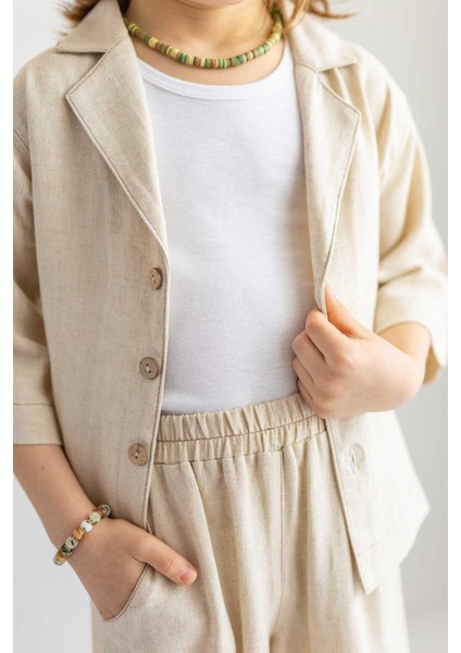 Bej Naturel Keten Ceket Yaka Yarım Kol Düğmeli Bol Kesim Erkek Çocuk Gömlek fiyatları