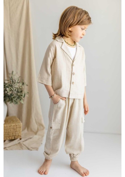Bej Naturel Keten Ceket Yaka Yarım Kol Düğmeli Bol Kesim Erkek Çocuk Gömlek modelleri