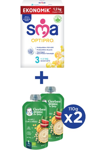 Optıpro 3 Devam Sütü 1.2kg (2X600G) + Gerber Organıc Yulaflı, Elma ve Mango Püresi 2X110G