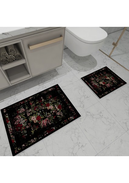 Banyo Paspas Takımı Siyah Renkli Çiçek Desenli 2'Li 3d Dijital Baskılı