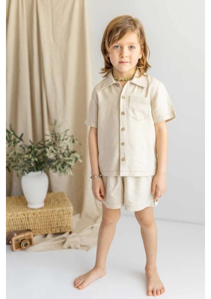 Bej Keten Önden Düğmeli Cepli Kısa Kol Erkek Çocuk Gömlek