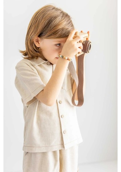 Bej Keten Önden Düğmeli Cepli Kısa Kol Erkek Çocuk Gömlek fiyatları