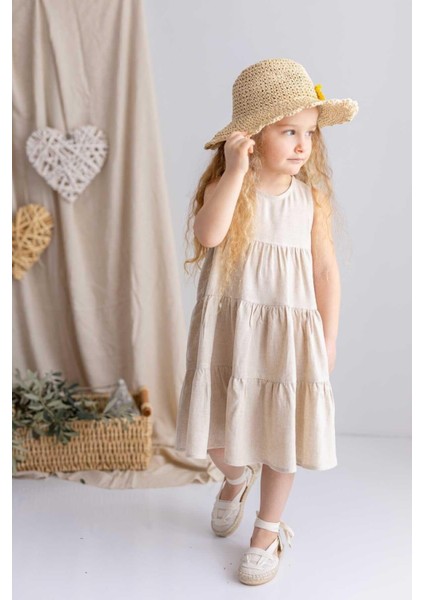 Bej Naturel Keten Robadan Büzgü Pileli Kolsuz Midi Kız Çocuk Elbise fiyatları