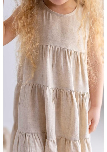 Bej Naturel Keten Robadan Büzgü Pileli Kolsuz Midi Kız Çocuk Elbise modelleri