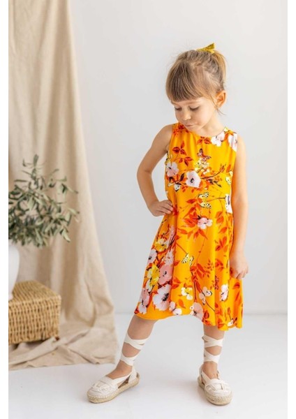 Turuncu Çiçekli Kolsuz Evaze Elbise fiyatları