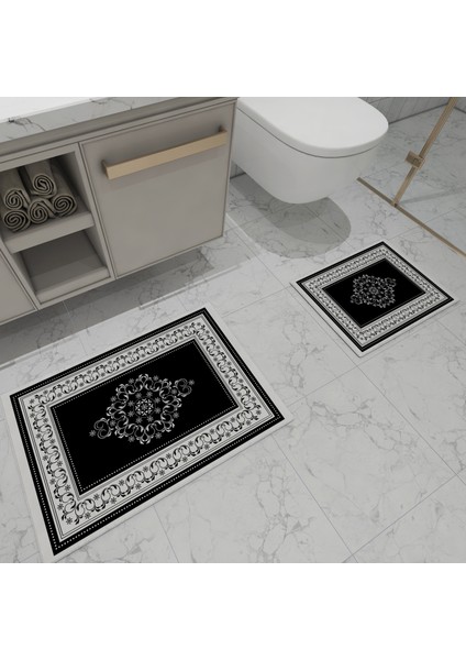 Banyo Paspas Takımı Siyah Çizgili Çiçek Desenli 2'Li 3d Dijital Baskılı