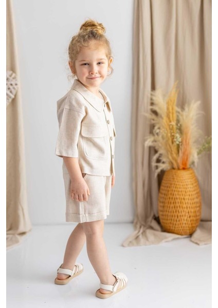 Bej Naturel Keten Beli Lastikli Bağcıklı Cepli Unisex Şort