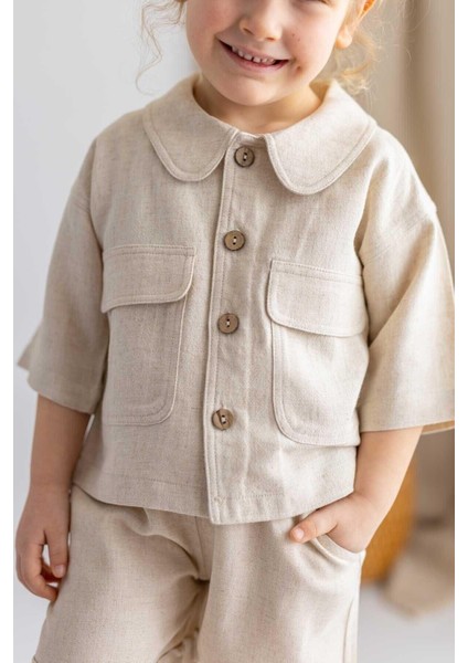 Bej Naturel Keten Beli Lastikli Bağcıklı Cepli Unisex Şort