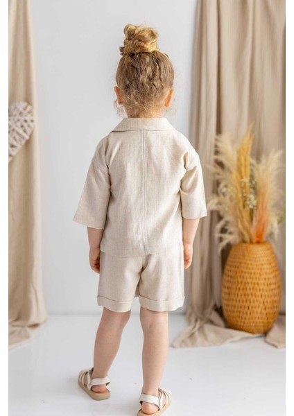 Bej Naturel Keten Beli Lastikli Bağcıklı Cepli Unisex Şort